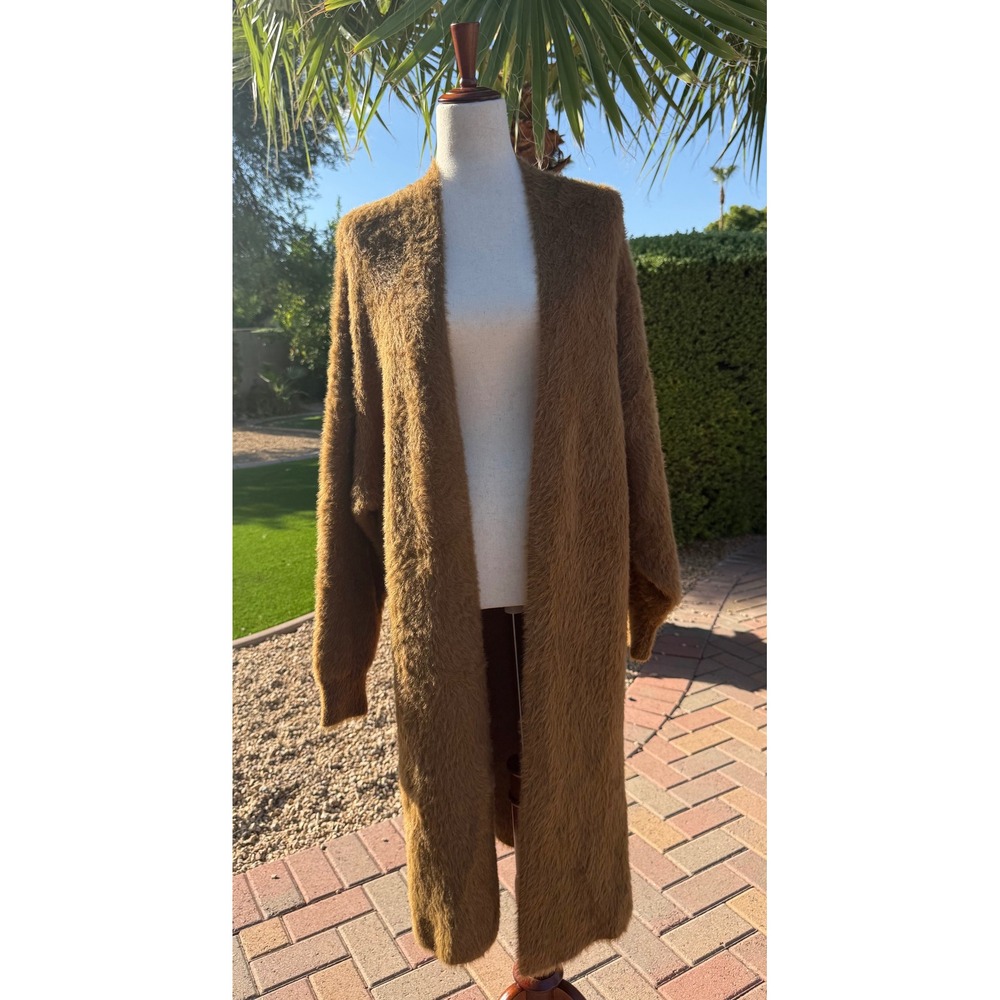 BEULAH Womens Medium Camel Brown Fuzzy Eyelash Knit Duster Cardigan Sweater Long